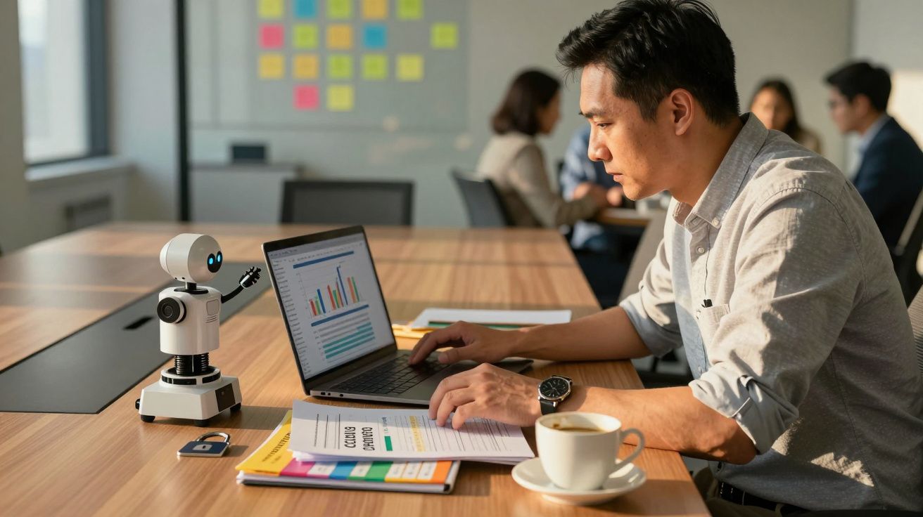 Bărbat la birou lucrând pe laptop, asistat de un mini-robot, cu diagrame și cafea pe masă.