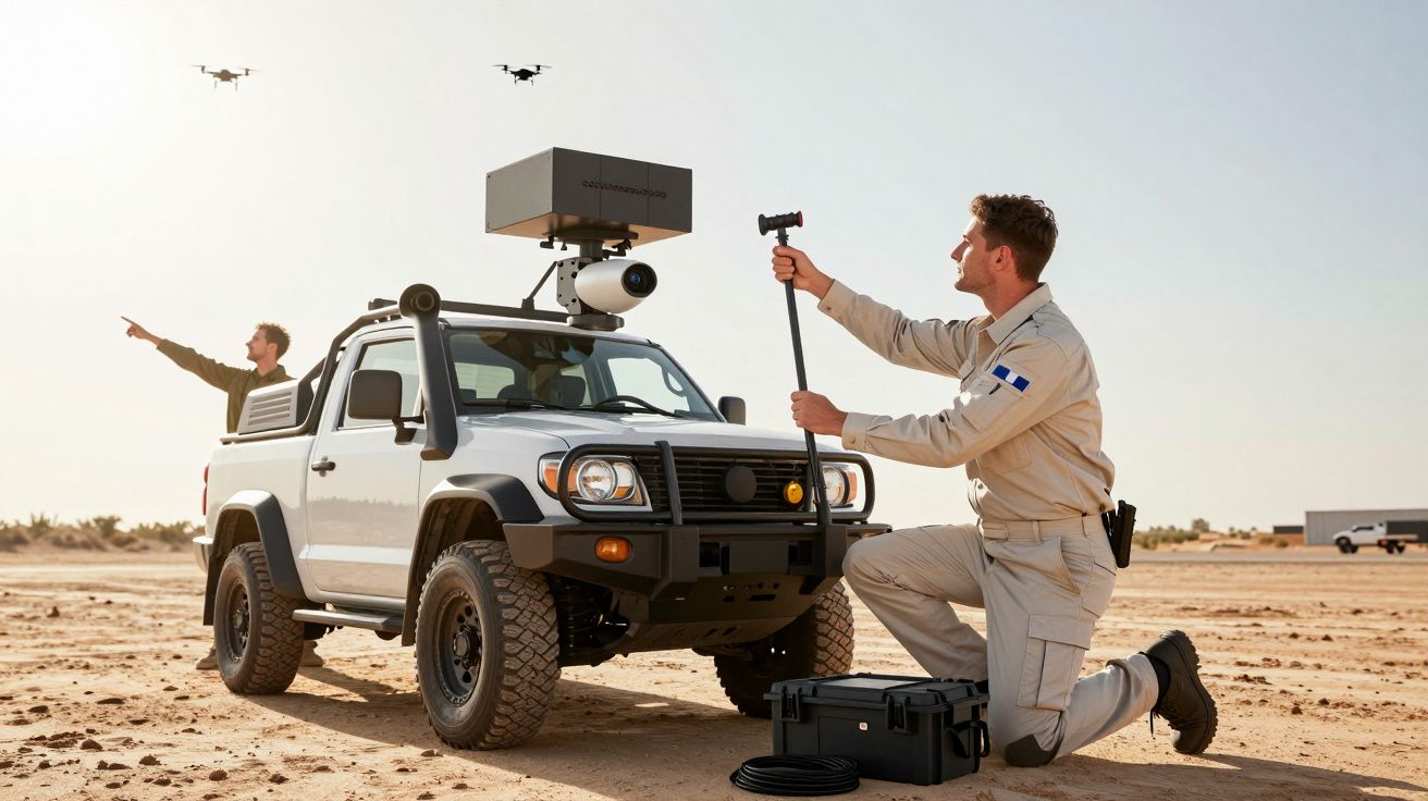 Două persoane și un vehicul echipat cu tehnologie, într-un peisaj deșertic. Drona zboară deasupra.