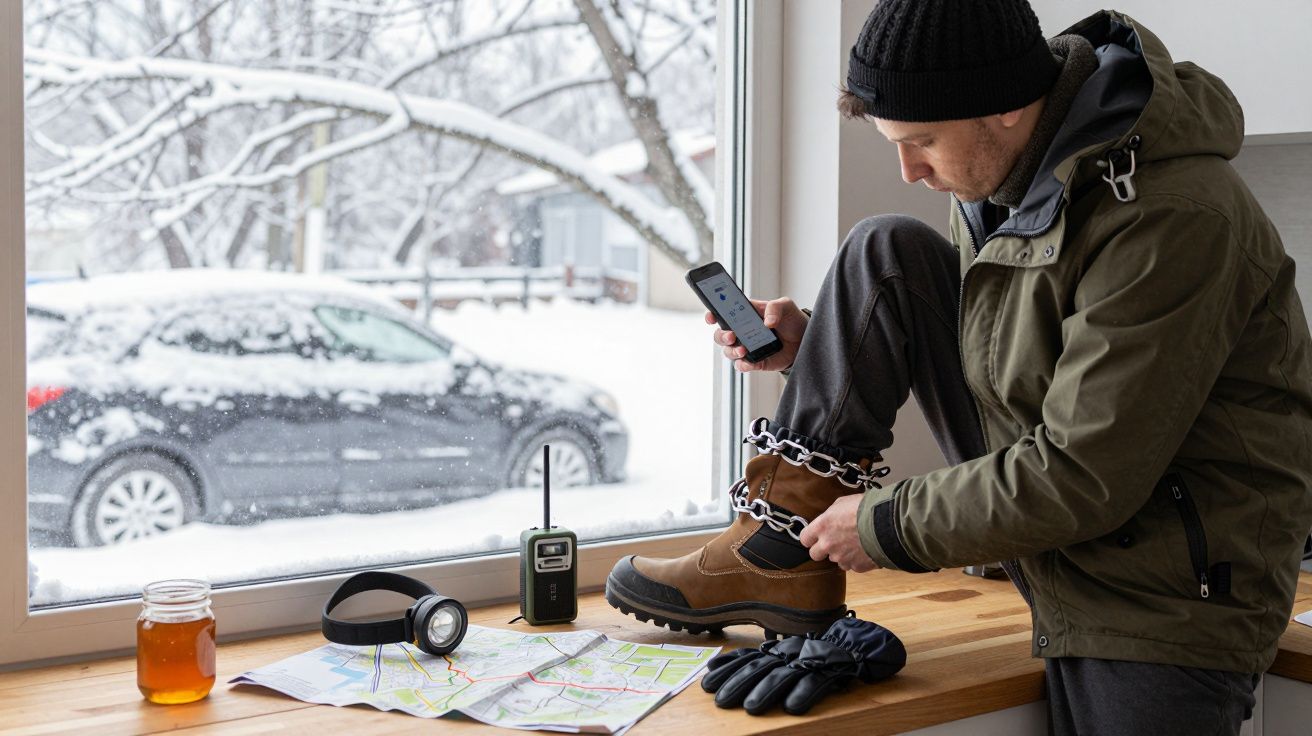 Bărbat îmbrăcat gros, se uită la telefon lângă fereastră, echipat pentru iarnă, cu traseu marcat pe hartă și mașină afară.