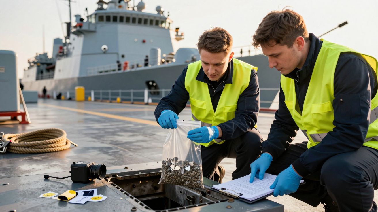 Doi bărbați în veste galbene colectează pietre într-o geantă, pe puntea unei nave militare, examinând probele.