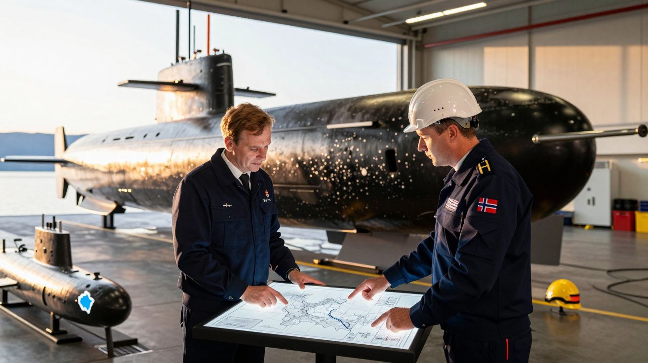 Doi bărbați discută pe marginea unui plan lângă un submarin într-un hangar.