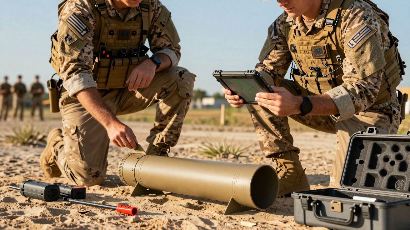 Doi soldați în uniforme militare, lucrând cu echipamente pe un teren nisipos, consultând un dispozitiv electronic.