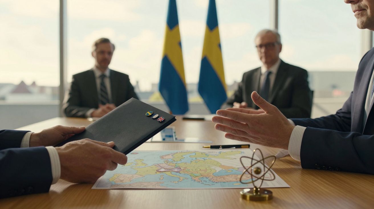 Întâlnire diplomatică la masă cu steaguri suedeze în fundal și o hartă a Europei pe masă. Două persoane discută.