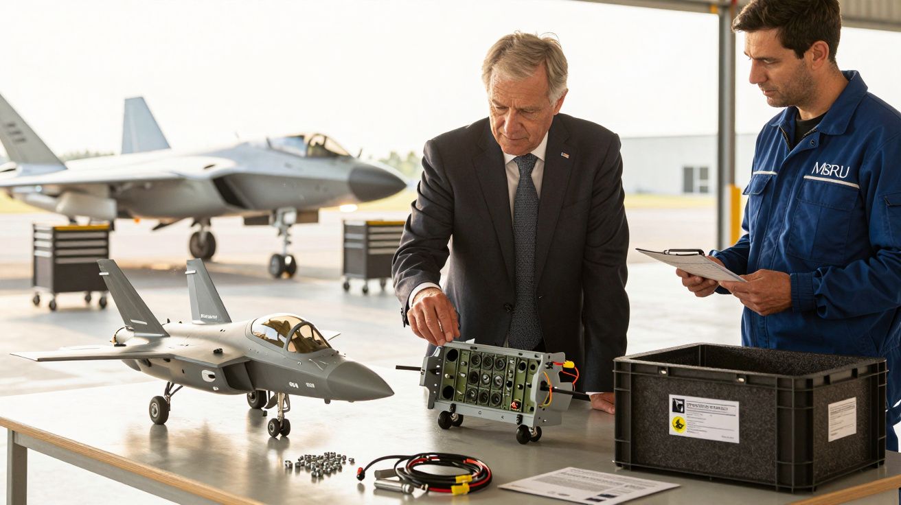 Un bărbat arată componente unui avion în miniatură unui alt bărbat într-un hangar, cu un avion real în fundal.