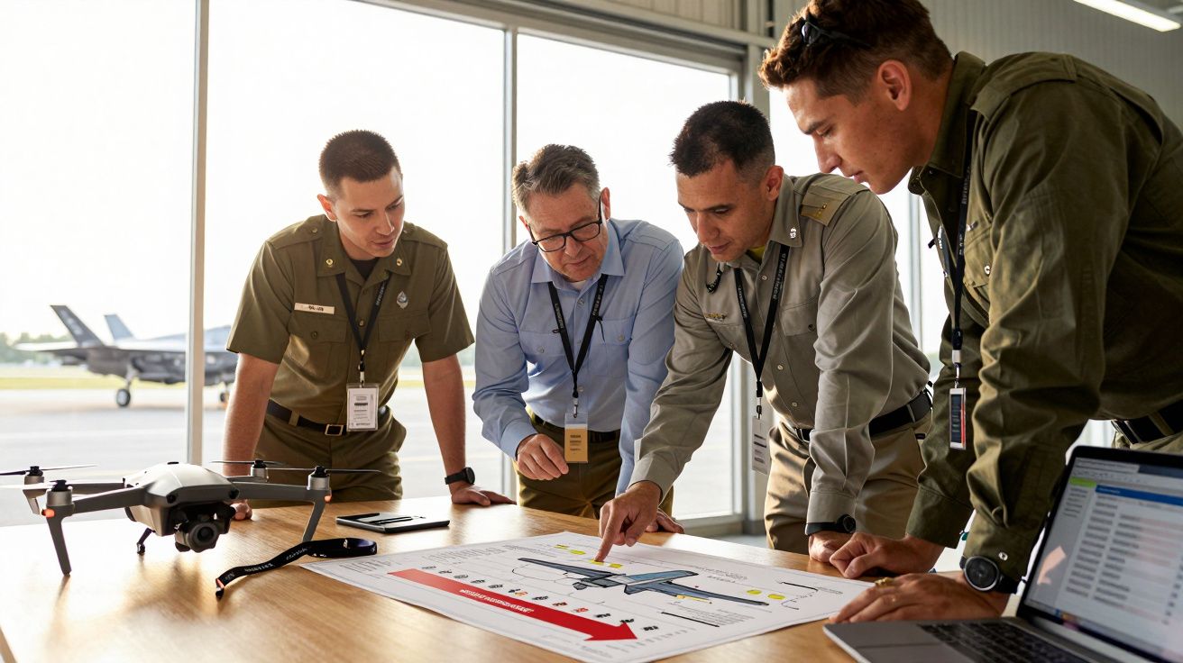 Bărbați în uniforme discută harta unui plan de zbor cu drone și avioane în hangar.