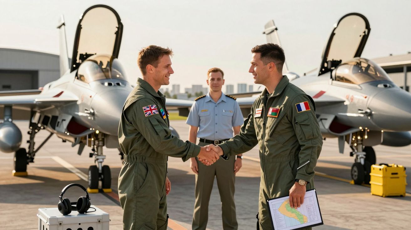 Doi piloți militari își strâng mâna în fața a două avioane de luptă pe pistă, cu alt ofițer în fundal.