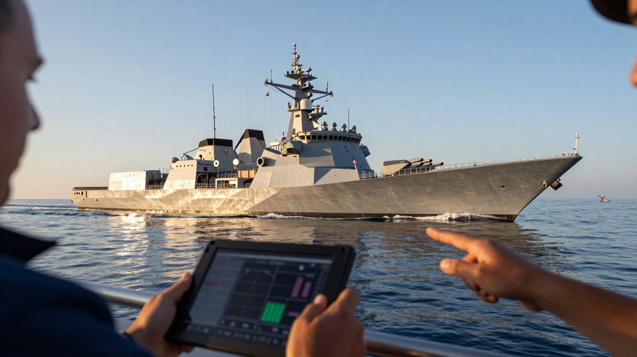 Două persoane operează o tabletă pe un vas, cu o navă de război mare trecând pe lângă ei pe ocean.