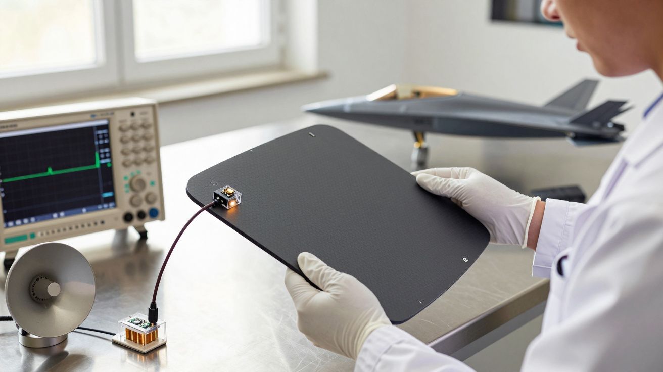 Cercetător ținând o placă electronică lângă un osciloscop și un model de avion pe o masă de laborator.