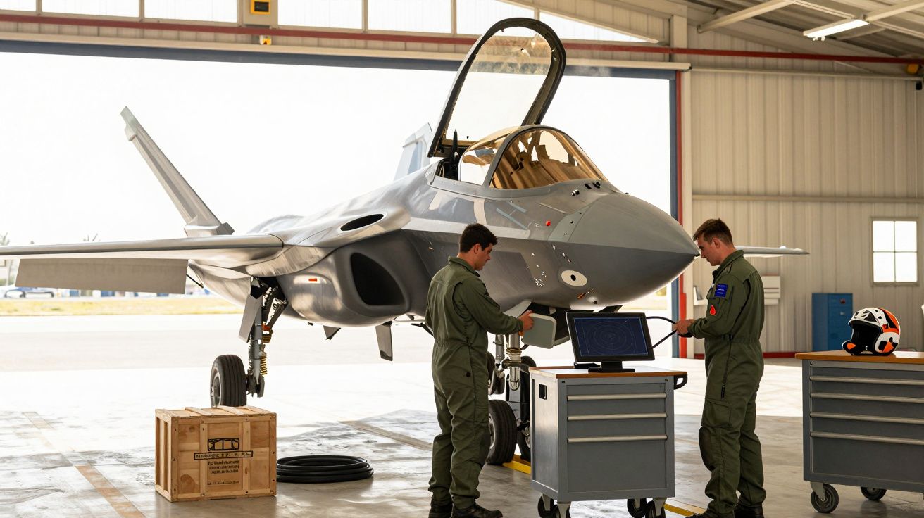 Doi piloți inspectează un avion de luptă într-un hangar, lucrând la un computer de control.