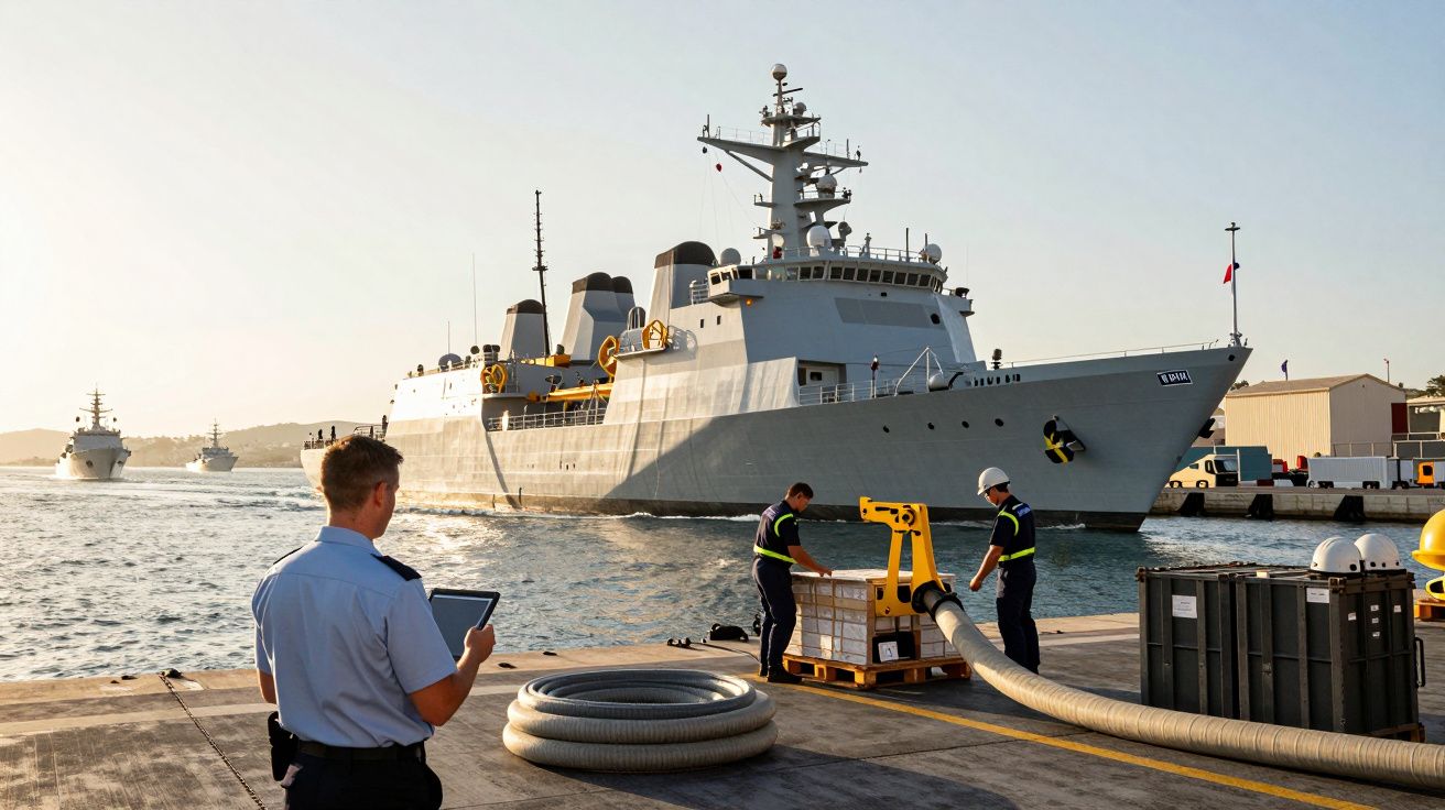 O navă militară acostează în port, echipajul pregătește echipamente pe doc, vreme însorită, mare calmă.