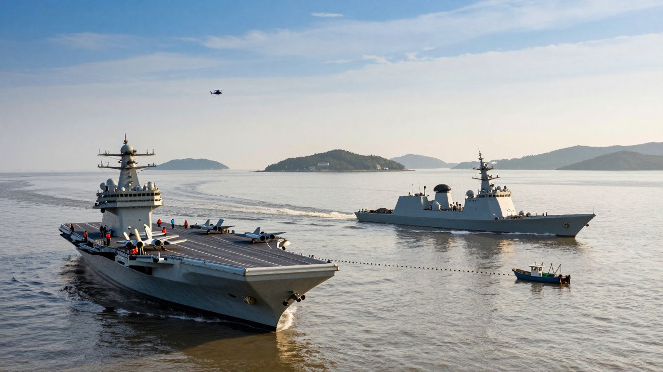Portavion și distrugător naval navigând pe mare, cu insule în fundal și un elicopter deasupra.