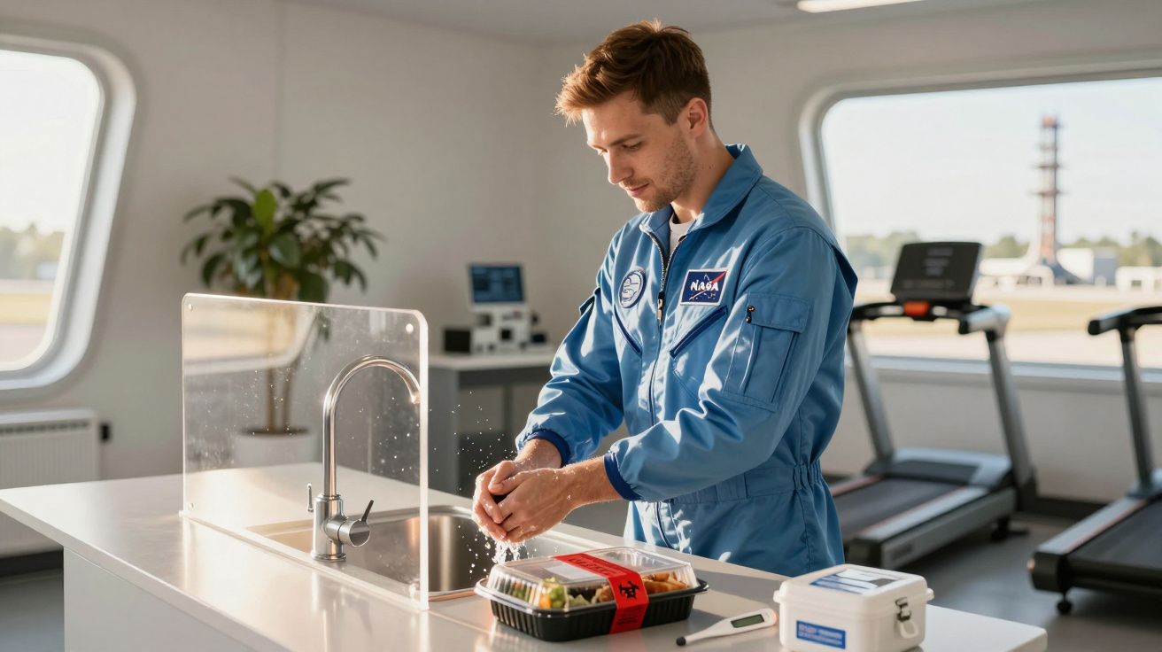 Un bărbat în uniformă albastră, în bucătărie modernă, spală mâinile lângă o caserolă pe blat.