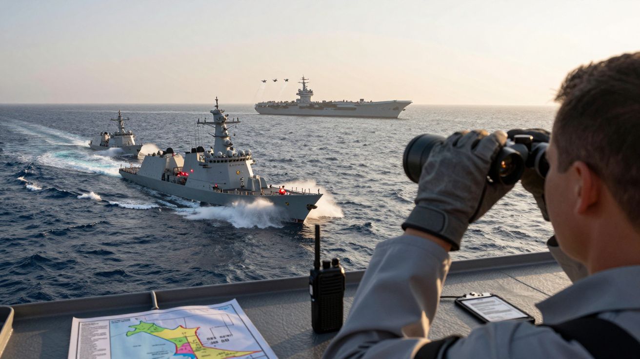 Persoană observând prin binoclu nave militare în largul mării, cu un portavion la orizont. Pe masă se află o hartă.