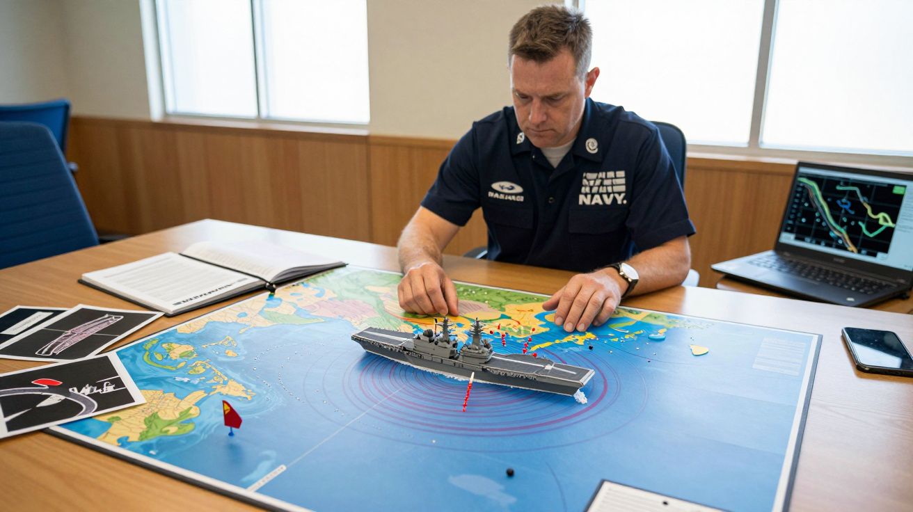 Bărbat în uniformă navală strategică jucând cu un model de navă pe o hartă mare, în birou cu laptop și documente.