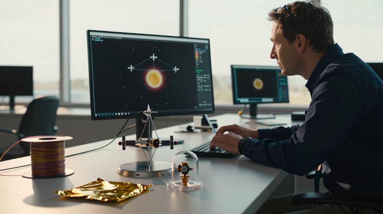 Bărbat lucrând la calculator într-un birou, monitorul afișează un model solar.