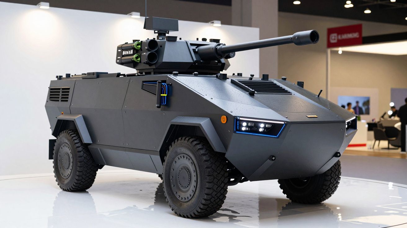 Vehicul blindat modern, de culoare gri, expus într-un spațiu interior luminat.