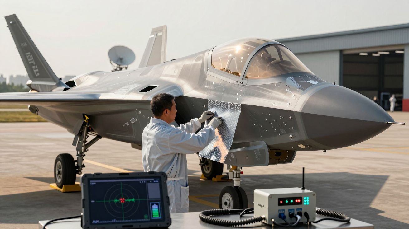 Tehnician inspectând un avion de luptă pe pistă, cu echipamente de diagnosticare în prim-plan.