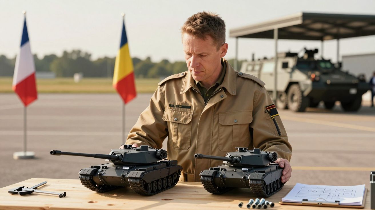Ofițer militar examinand două modele de tancuri pe o masă, cu steaguri francez și românesc în fundal.
