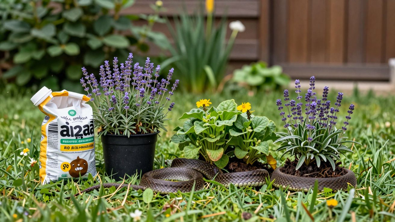 Plante de lavandă și primule în grădină, cu un sac de fertilizator lângă ele.