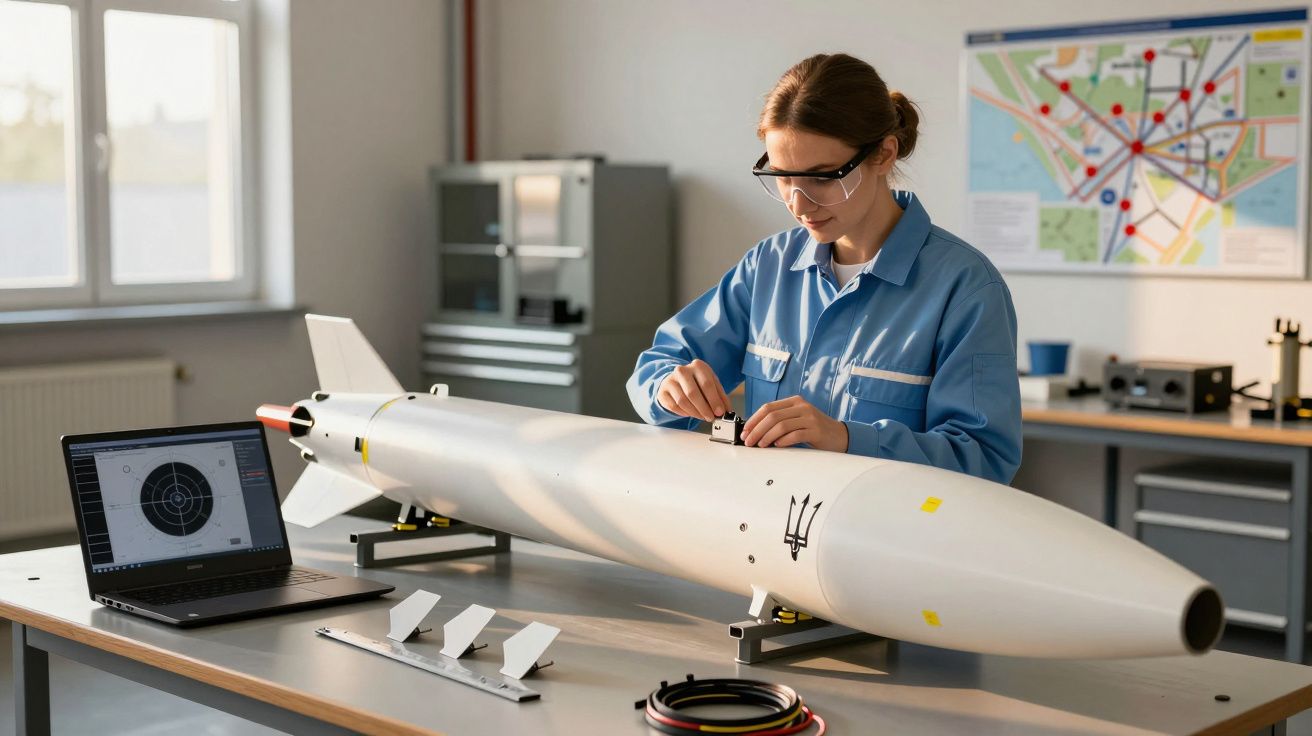 Femeie în halat albastru lucrând la un proiectil în laborator; laptop cu diagramă și hartă pe perete.