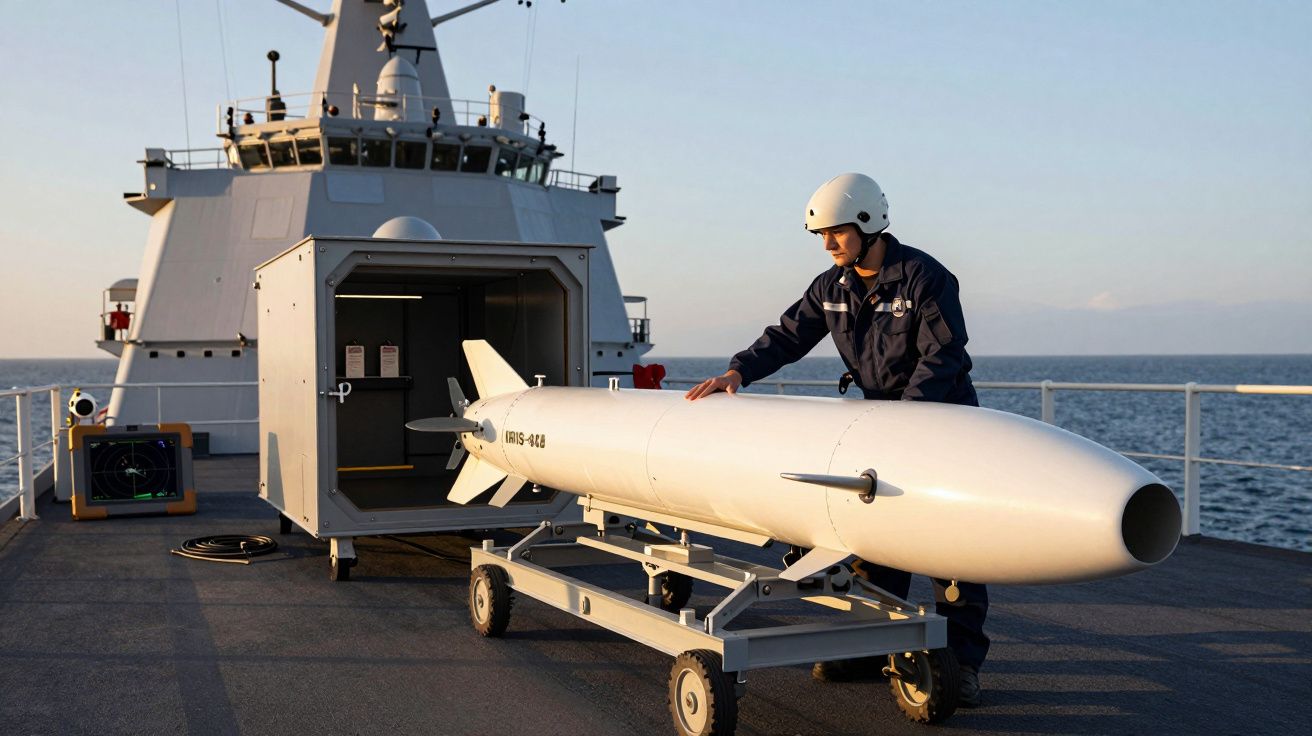 Bărbat echipat cu cască, manevrând un proiectil pe puntea unui vas militar, în apropierea mării.