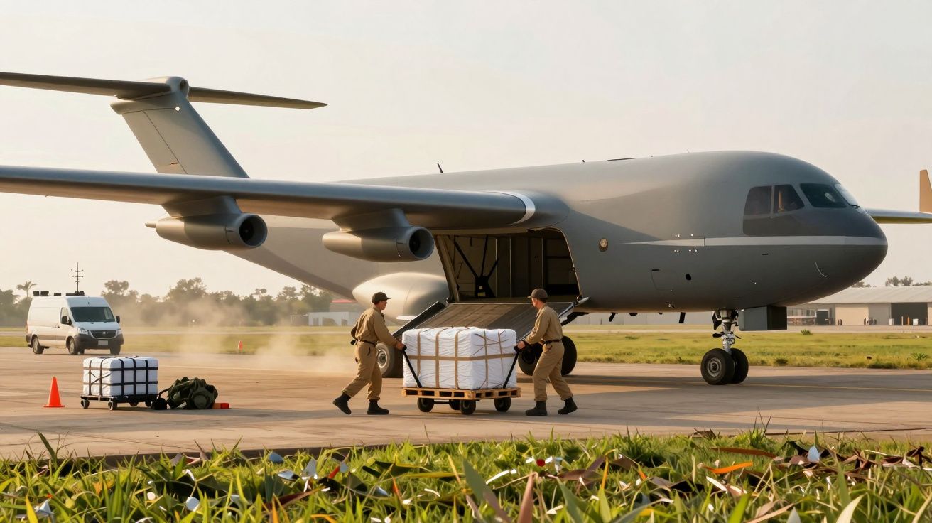 Trei bărbați în uniformă încarcă paleți cu marfă într-un avion de transport mare, pe un aeroport însorit.