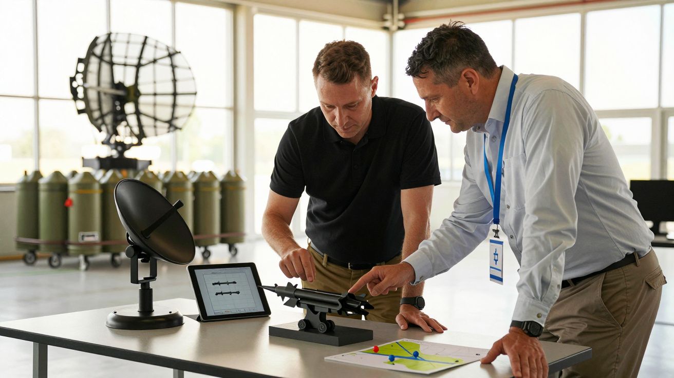 Doi bărbați analizează un model de rachetă și un ecran digital într-un laborator tehnologic.