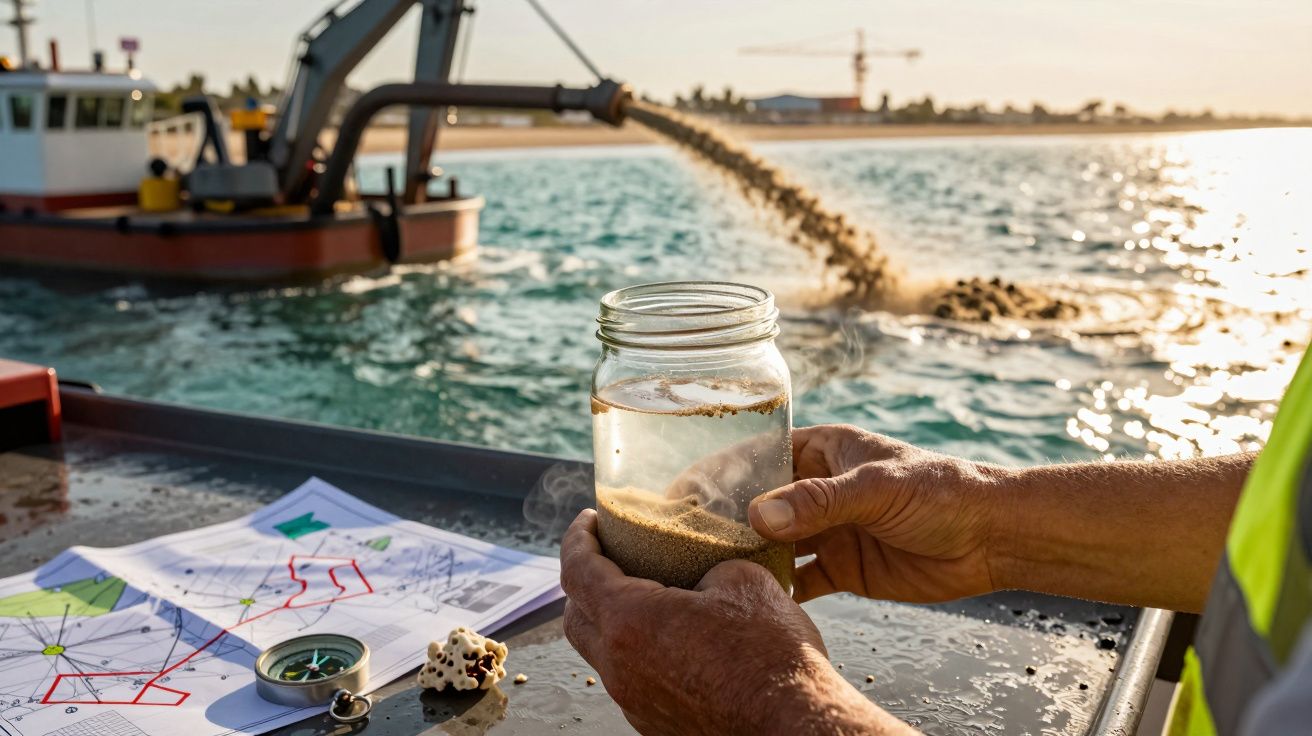Persoană ținând un borcan cu nisip pe o navă de dragare; hărți și busolă pe masă, fundal cu apă și macara.