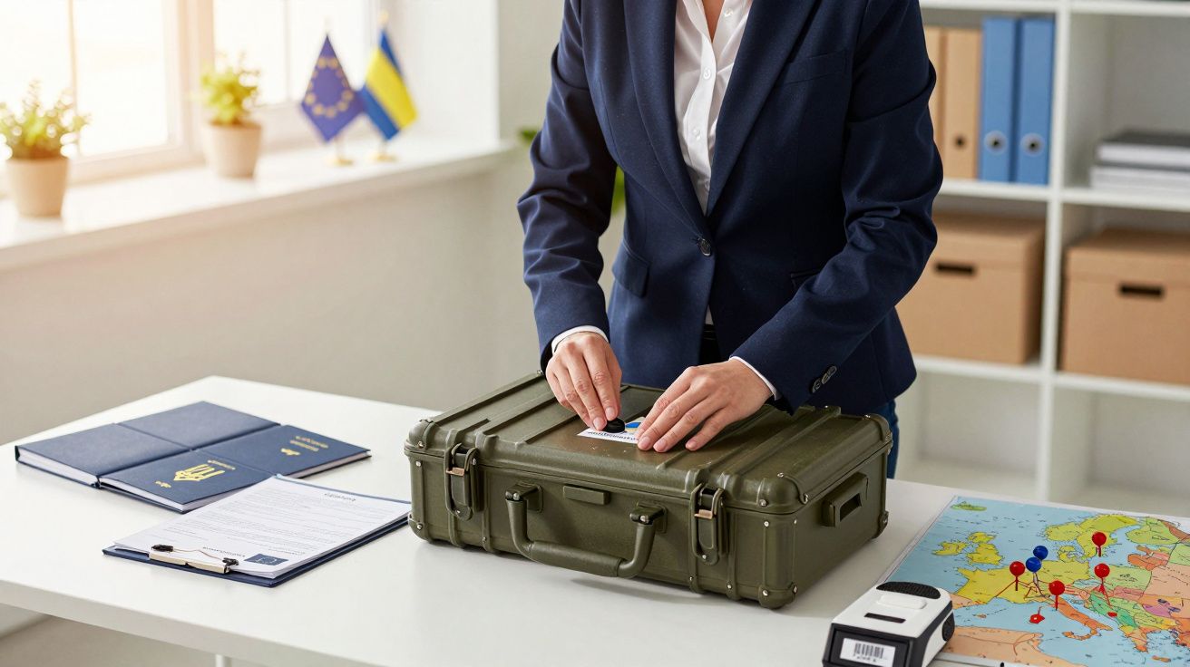 Persoană în costum, la birou, cu o valiză verde, alături de hărți și documente pe masă, steaguri în fundal.