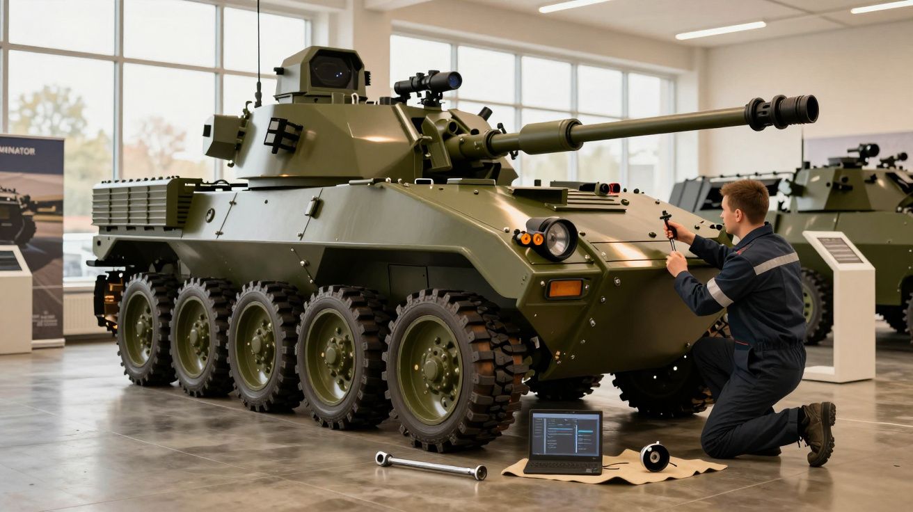 Tehnician lucrând la un vehicul blindat verde într-un atelier, cu un laptop și unelte pe podea.