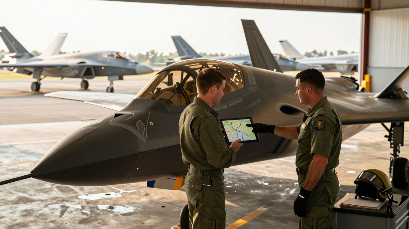 Doi piloți discută în fața unui avion de luptă pe un aerodrom, ținând o tabletă cu hărți.