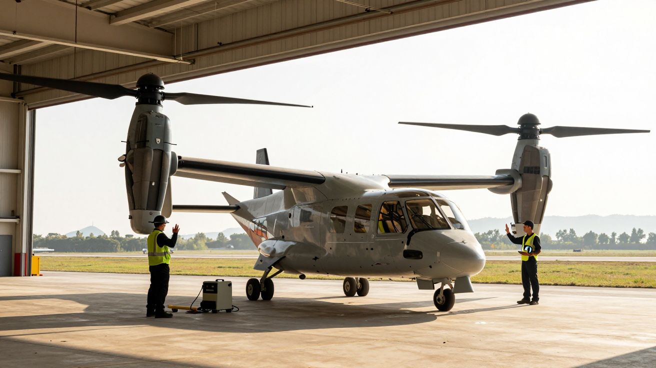 Avion cu rotoare în poziție verticală într-un hangar, asistat de doi tehnicieni.