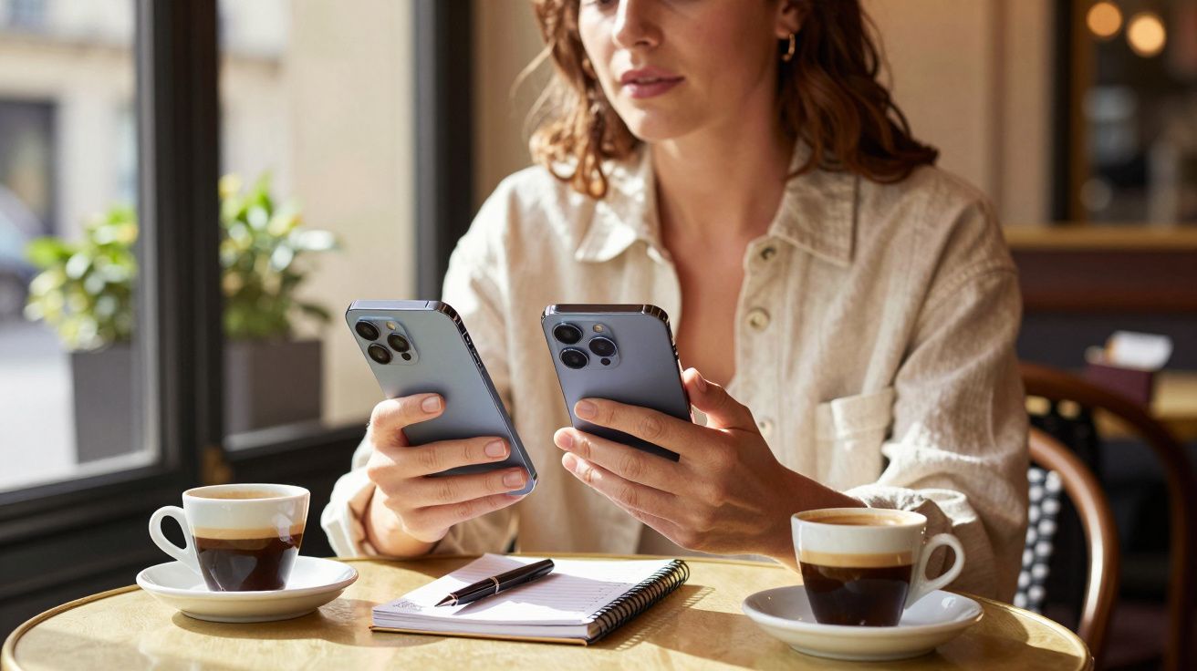 Femeie la cafenea ținând două telefoane, cu două cești de cafea și un carnețel pe masă.
