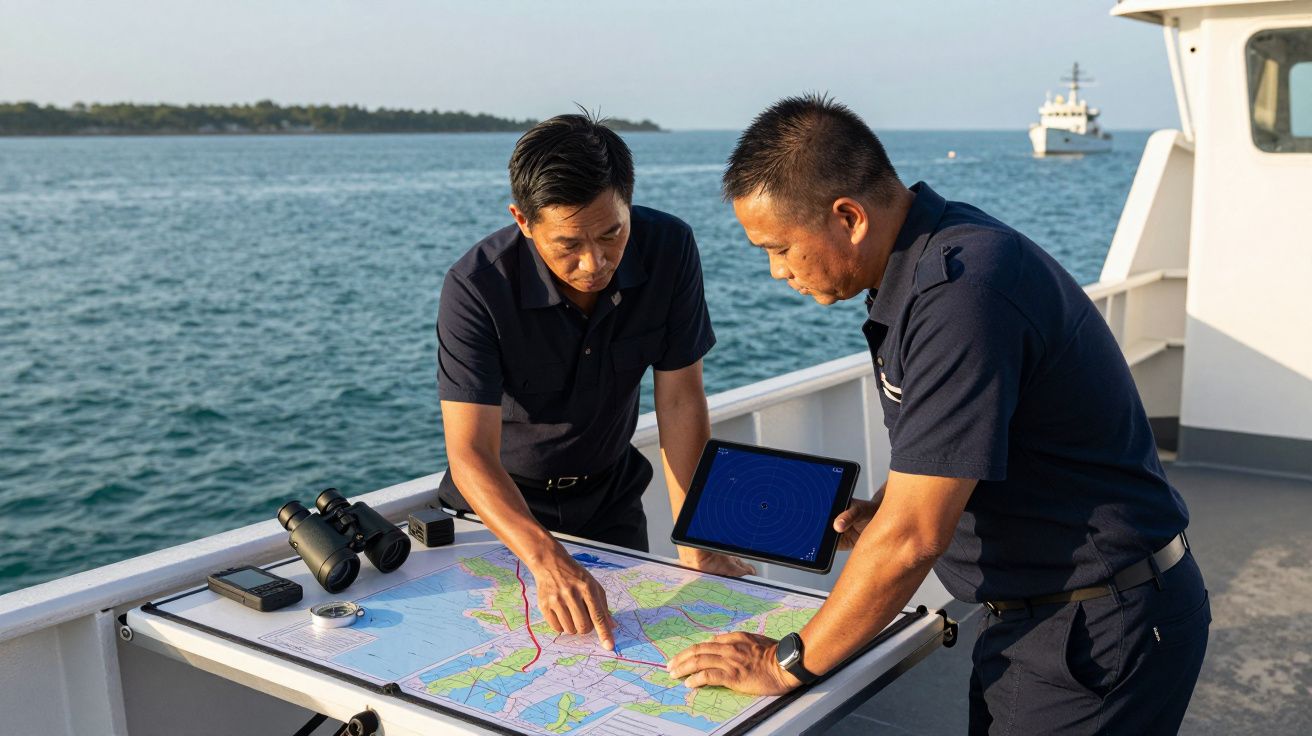 Doi bărbați pe o barcă studiază o hartă maritimă, cu un binoclu și o tabletă lângă ei, pe mare.