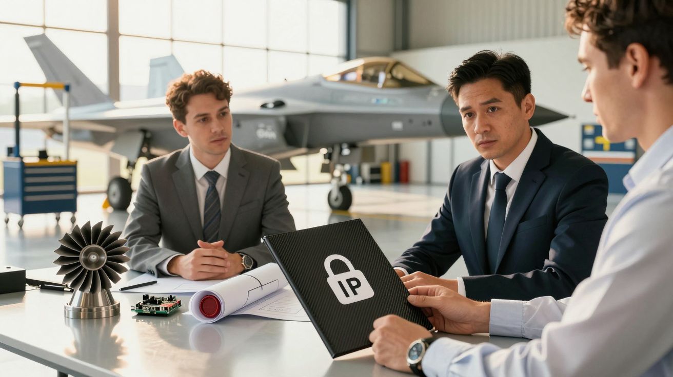 Trei bărbați discutând lângă un avion, ținând un dosar cu simbolul IP și un lacăt, semnificând protecția proprietății intelec