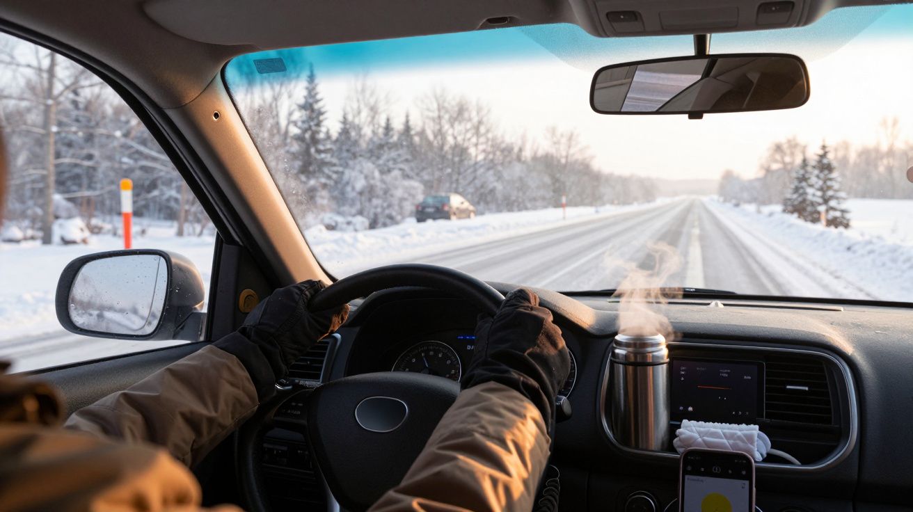 Un șofer conduce pe un drum acoperit de zăpadă iarna, având o cană termoizolantă pe bord.