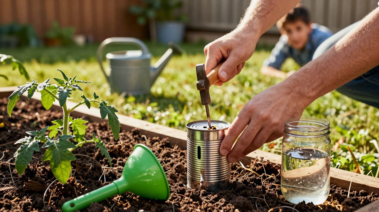 Grădinărit: mâini folosind un instrument pe o conservă lângă o plantă de roșii, udător și borcan cu apă.