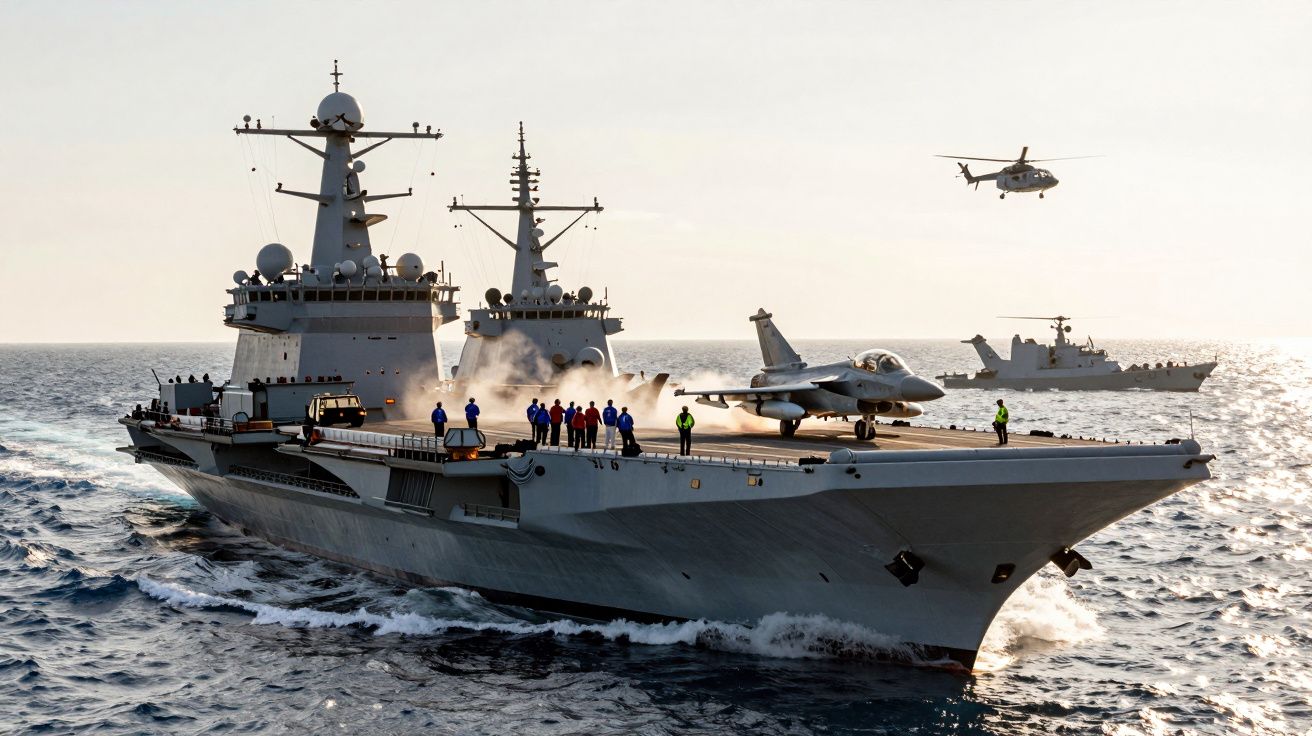 Portavion navigând în mare, cu avioane și elicoptere pe punte, înconjurat de apă sub un cer senin.