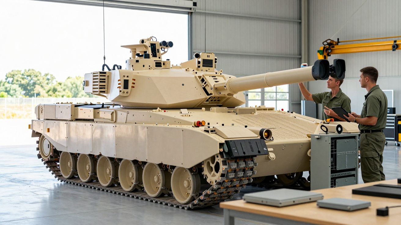 Tanc modern într-un hangar, cu doi bărbați discutând lângă el.