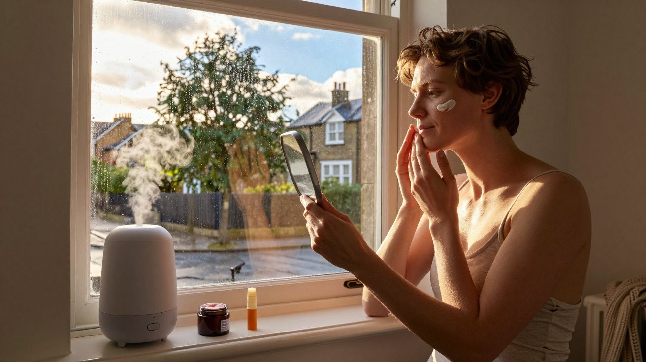 Persoană aplicând cremă pe față lângă o fereastră. Un umidificator și produse de îngrijire sunt pe pervaz.