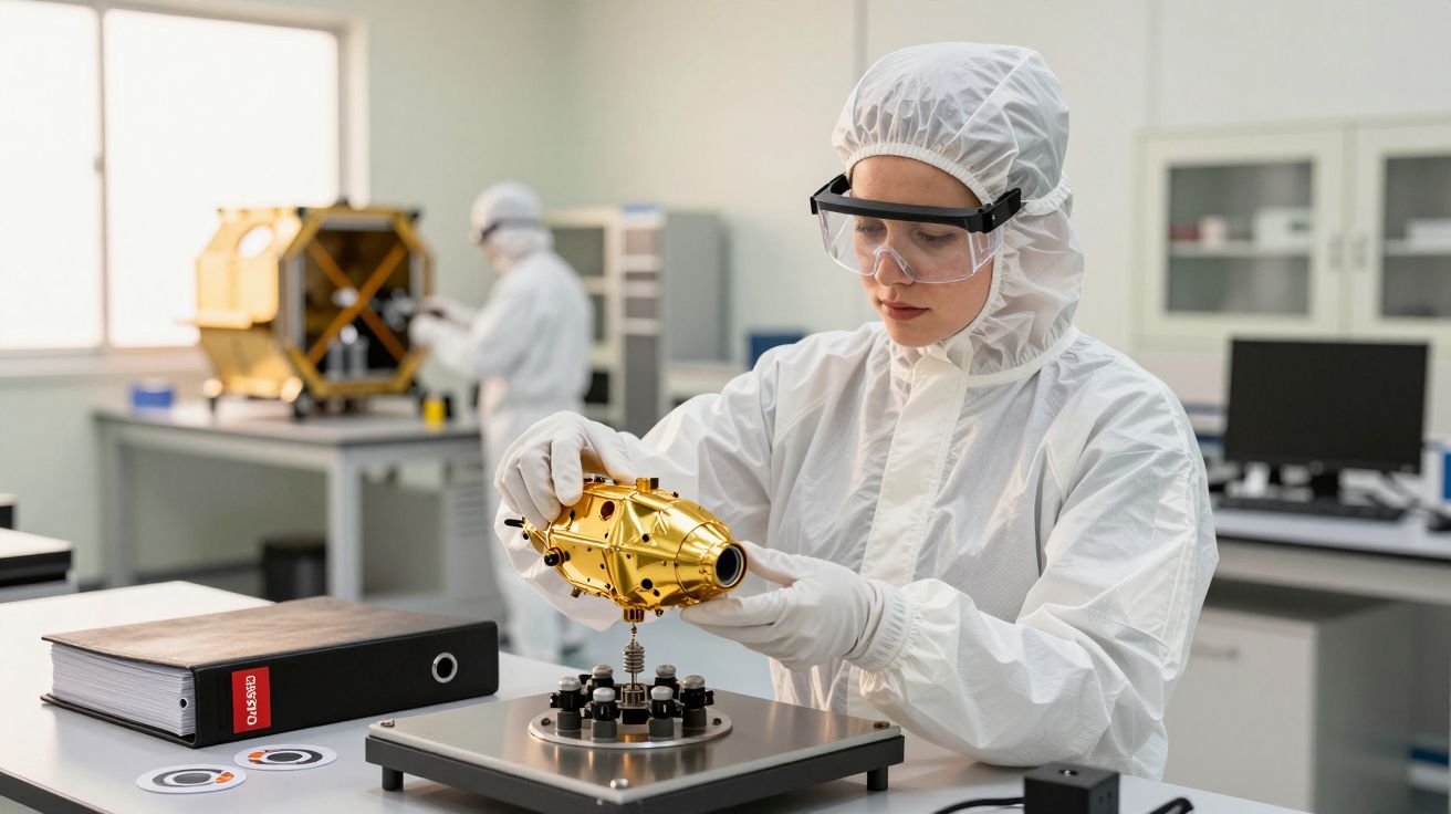 Cercetător în echipament de laborator manipulează un dispozitiv auriu într-o cameră curată, pe fundal se văd computere.