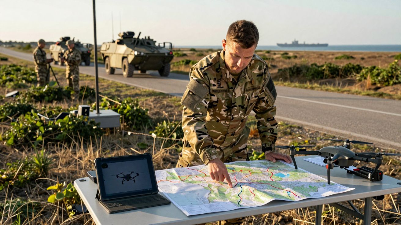 Soldat în uniformă de camuflaj studiază o hartă pe o masă, lângă un laptop și o dronă, pe fundal vehicule militare.