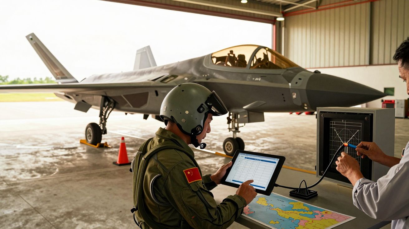 Pilot în hangar la planificare zbor, folosind tabletă, cu avion militar în fundal.