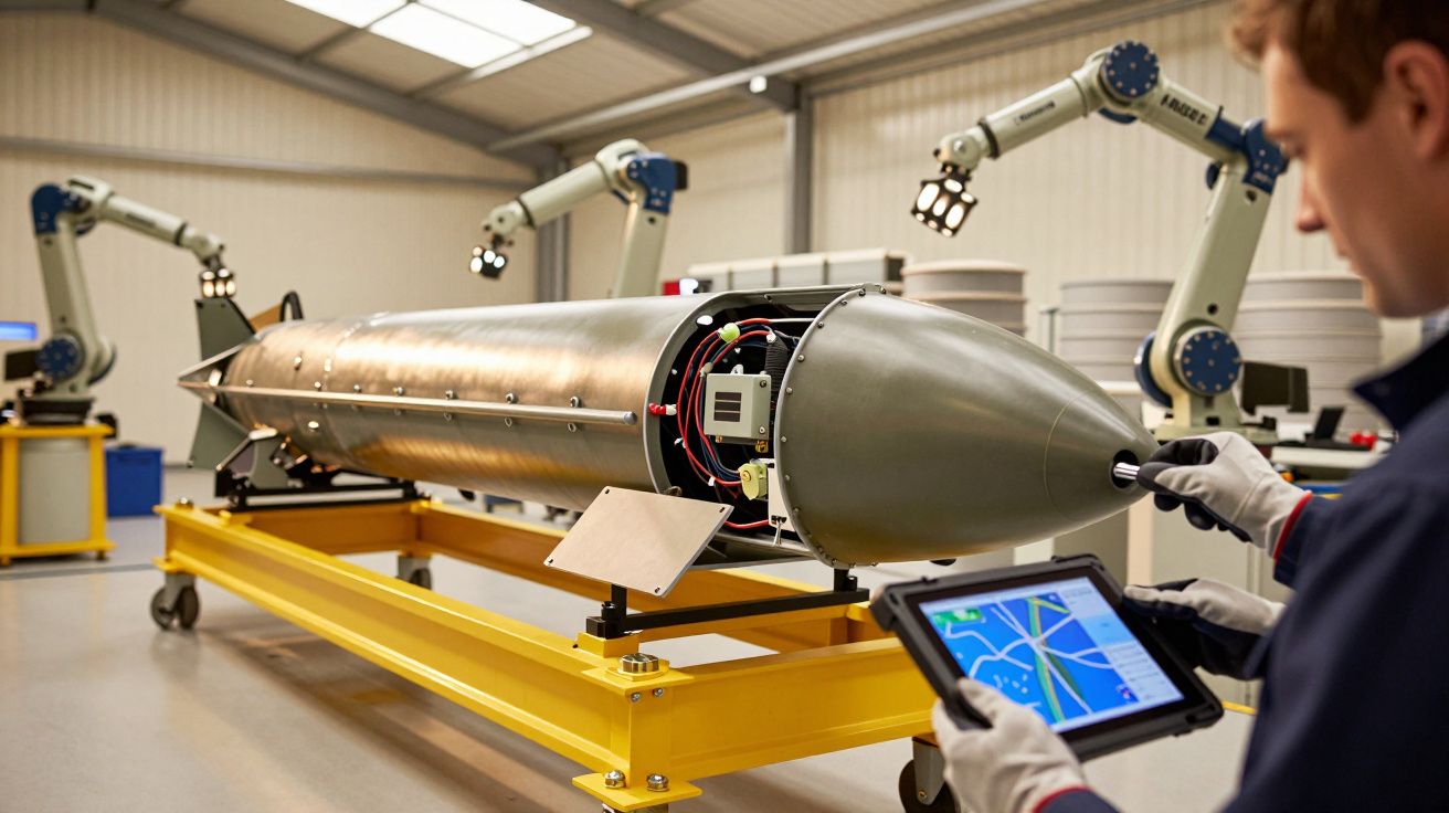 Tehnician examinează o rachetă pe suport, cu brațe robotice și tabletă, într-un atelier modern.