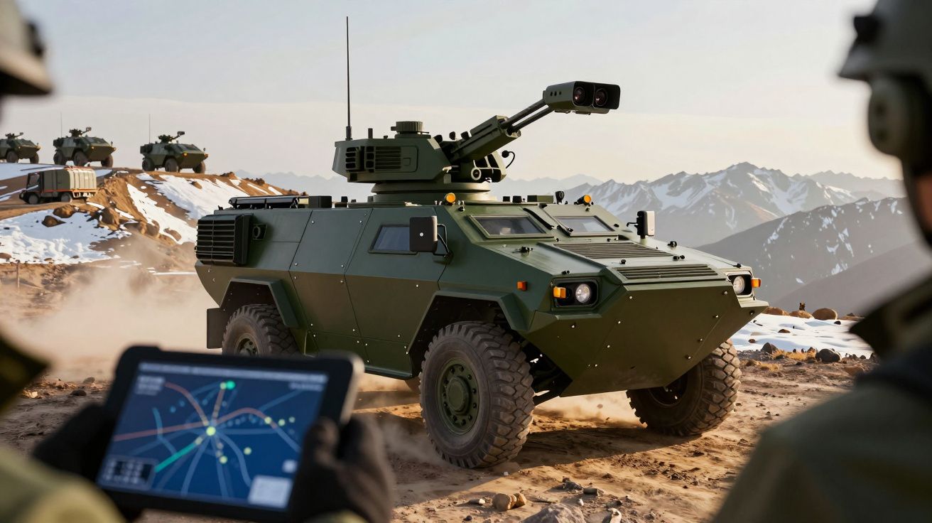 Vehicul militar blindat pe teren nisipos, controlat prin tabletă, în fundal munți cu zăpadă.