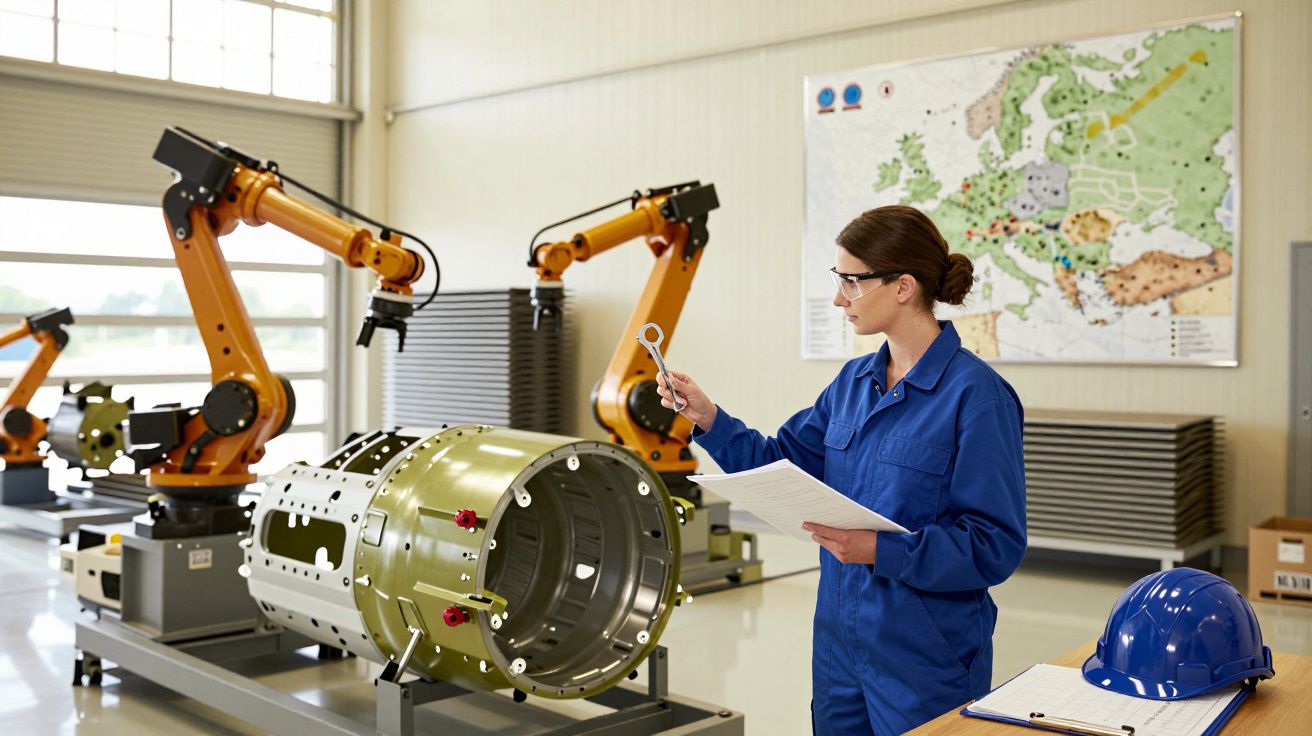 Persoană în salopetă albastră verificând echipament industrial într-o fabrică cu roboți și hartă pe perete.