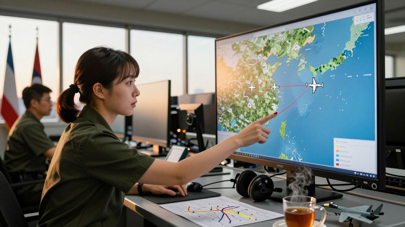 Femeie uniformată monitorizând ruta unui avion pe un ecran mare, în timp ce stă la un birou.