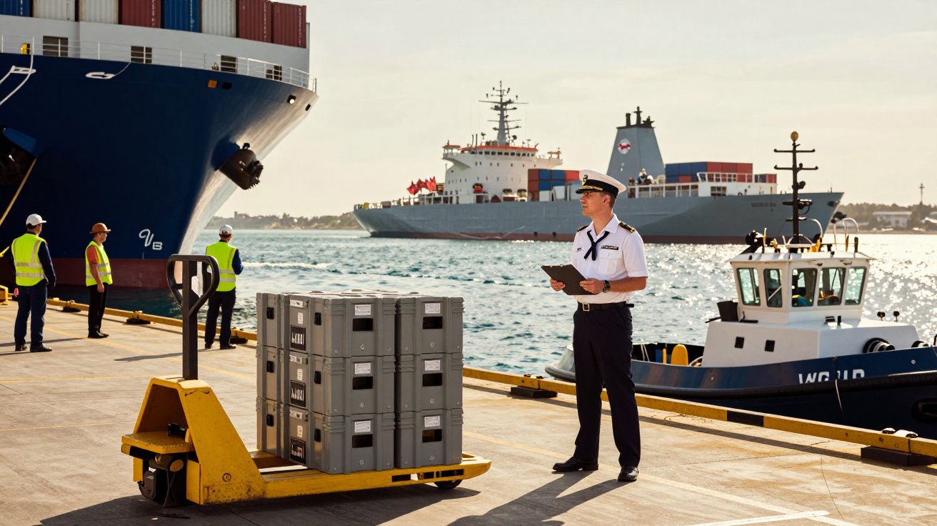 Ofițer naval pe chei, lângă containere și nave maritime, inspectând documente.
