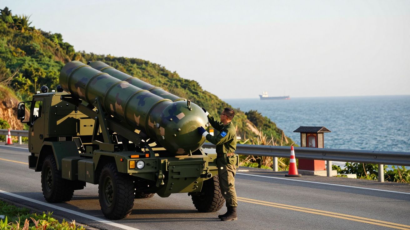 Militar langă camion lansator de rachete pe un drum cu vedere la ocean, într-un peisaj verde.