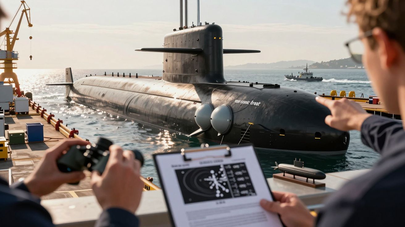 Submarin în port, observat de două persoane pe chei, una ținând un dosar; mare albastră și cer senin în fundal.